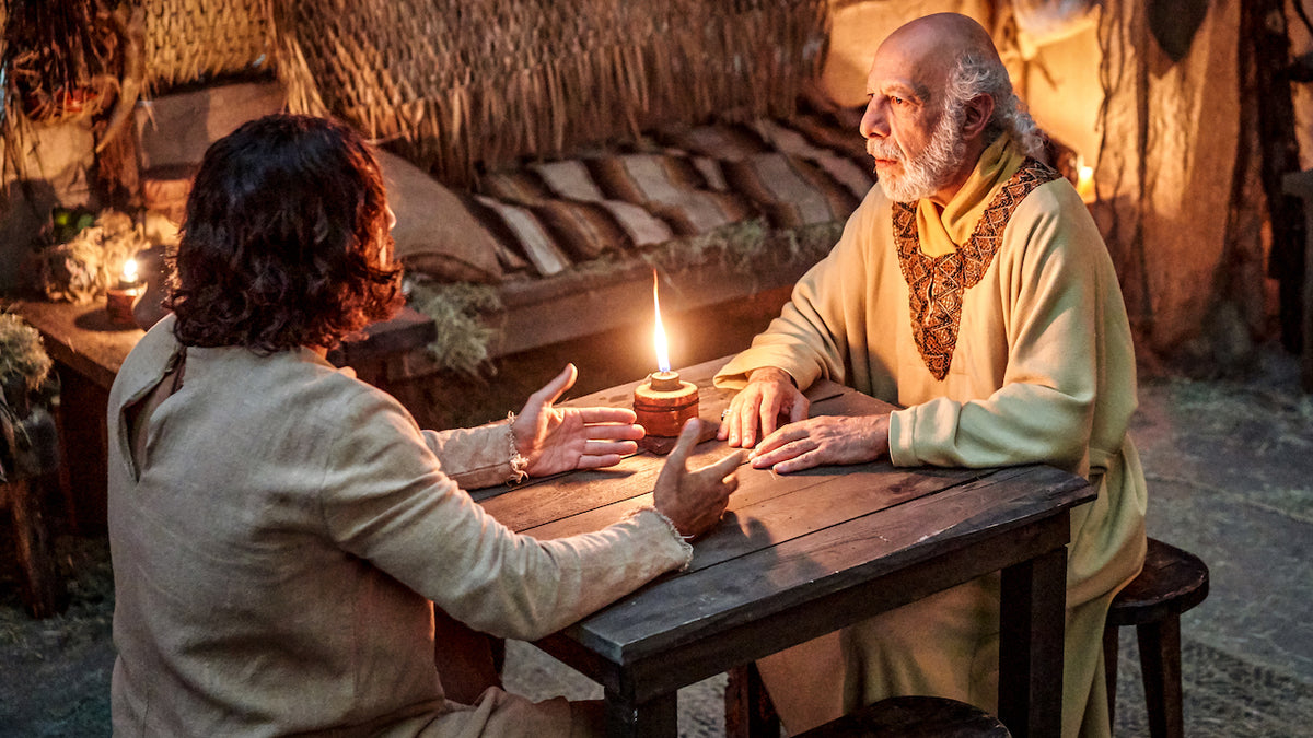 Jesus and Nicodemus talk by lamplight at night in The Chosen, Season 1, Episode 7