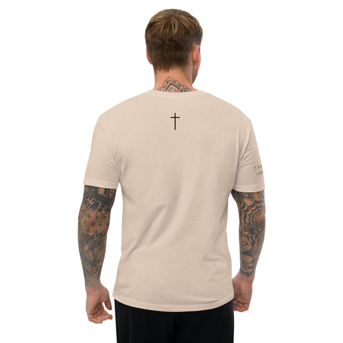 Close-up of 1 Peter 2:24 print on Red tee
