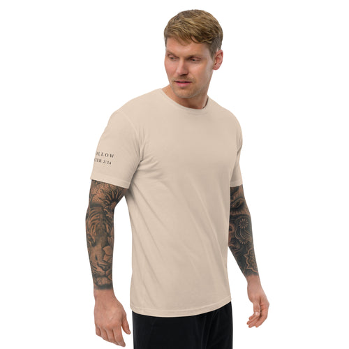 Man wearing Red FOLLOW 1 Peter 2:24 tee, black ink, front view